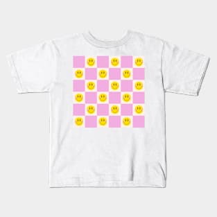 Smiley Pastel Checkered Pattern in Pink Kids T-Shirt